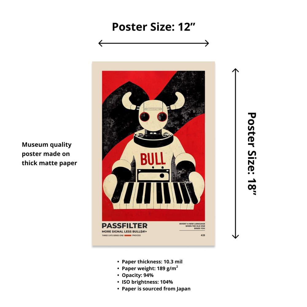 Size chart of a 12” x 18” Passfilter poster with a picture of a robot synthesizer bull and text that describes the materials.