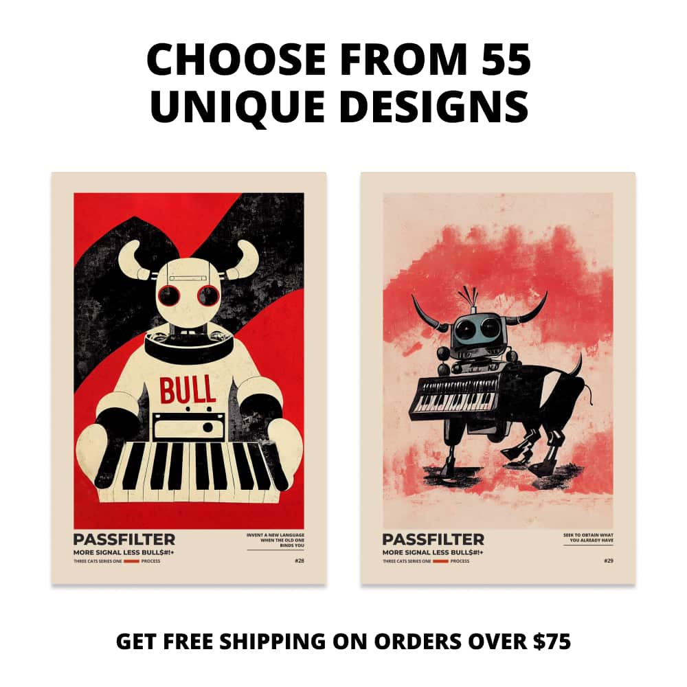 Two Passfilter posters side by side with text that says choose from 55 unique designs and free shipping on orders over $75.
