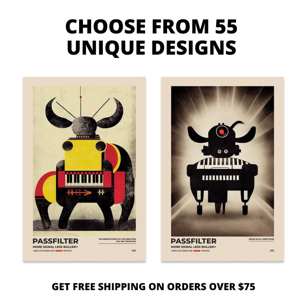Two Passfilter posters side by side with text that says choose from 55 unique designs and free shipping on orders over $75.