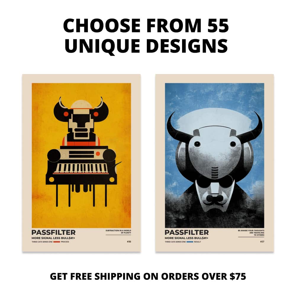 Two Passfilter posters side by side with text that says choose from 55 unique designs and free shipping on orders over $75.
