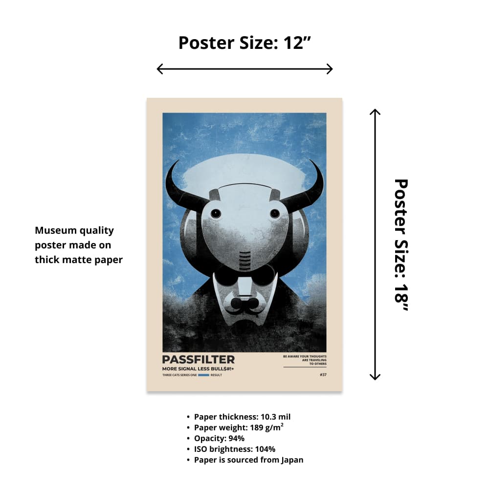Size chart of a 12” x 18” Passfilter poster with a picture of a robot synthesizer bull and text that describes the materials.