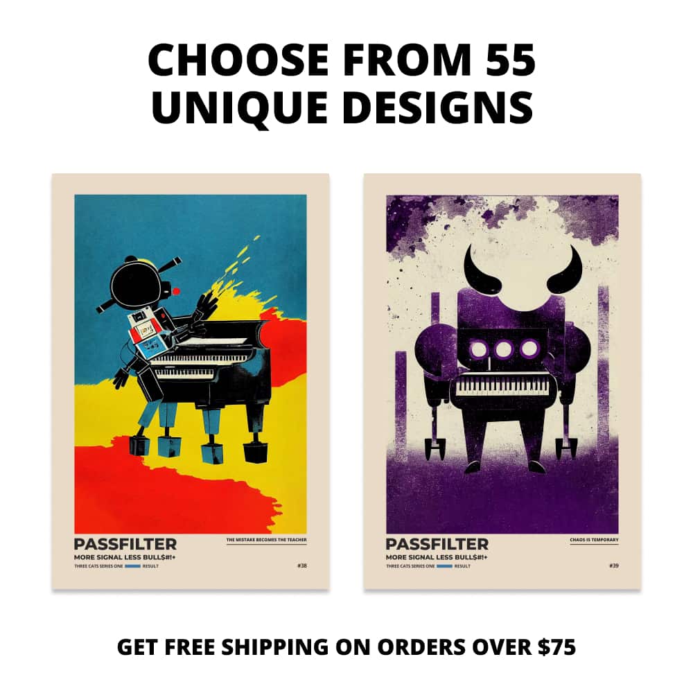 Two Passfilter posters side by side with text that says choose from 55 unique designs and free shipping on orders over $75.