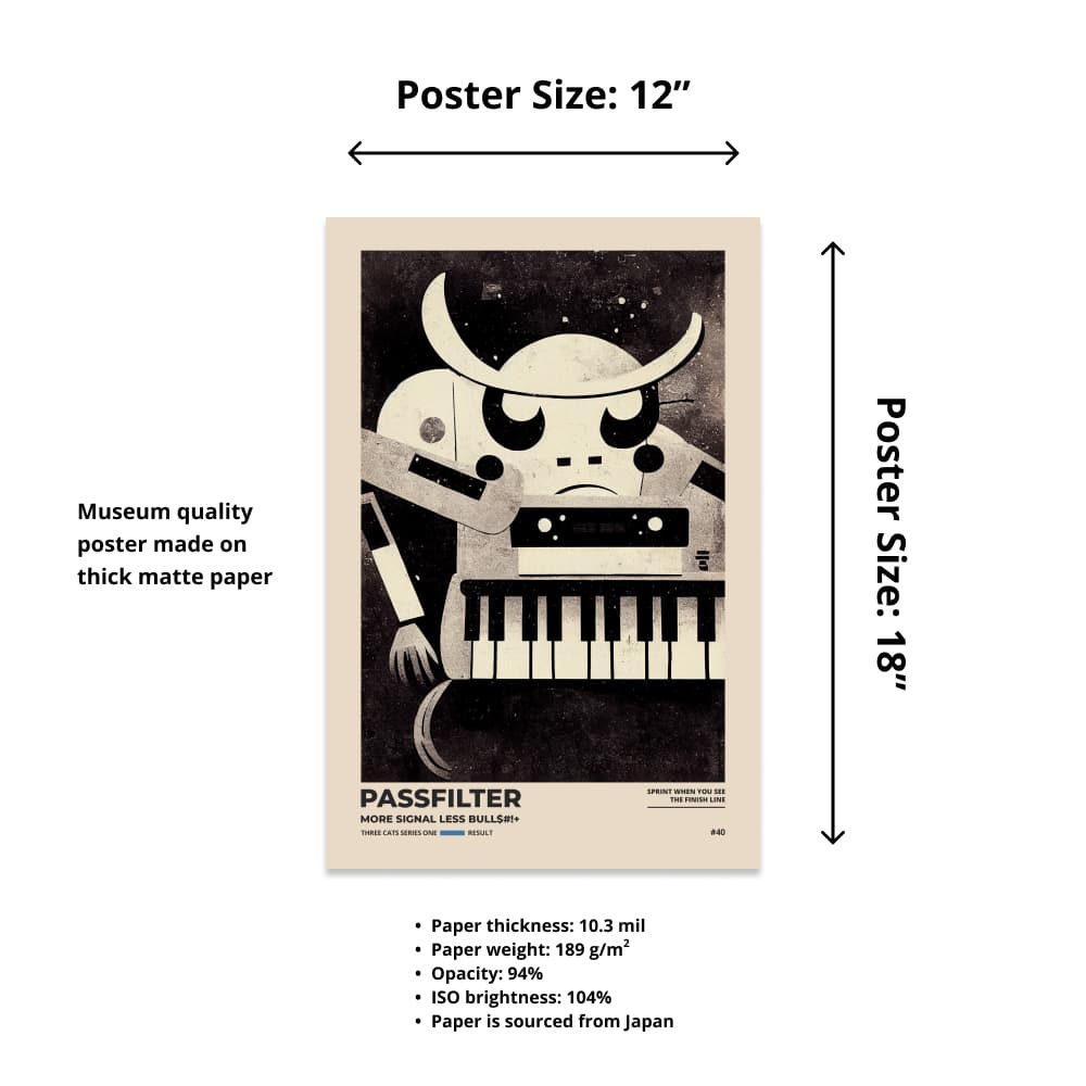Size chart of a 12” x 18” Passfilter poster with a picture of a robot synthesizer bull and text that describes the materials.