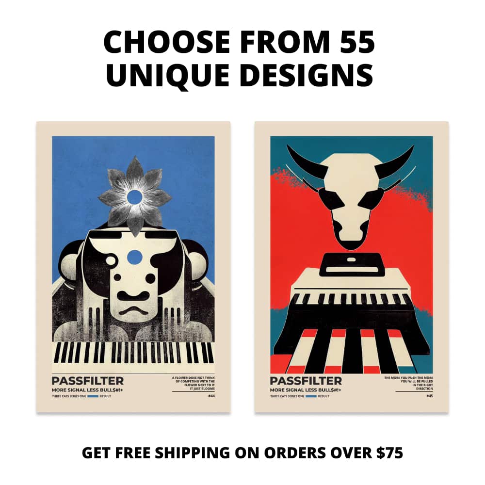 Two Passfilter posters side by side with text that says choose from 55 unique designs and free shipping on orders over $75.