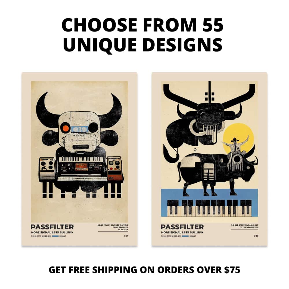 Two Passfilter posters side by side with text that says choose from 55 unique designs and free shipping on orders over $75.