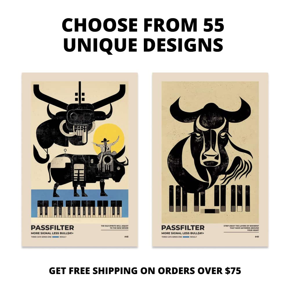Two Passfilter posters side by side with text that says choose from 55 unique designs and free shipping on orders over $75.