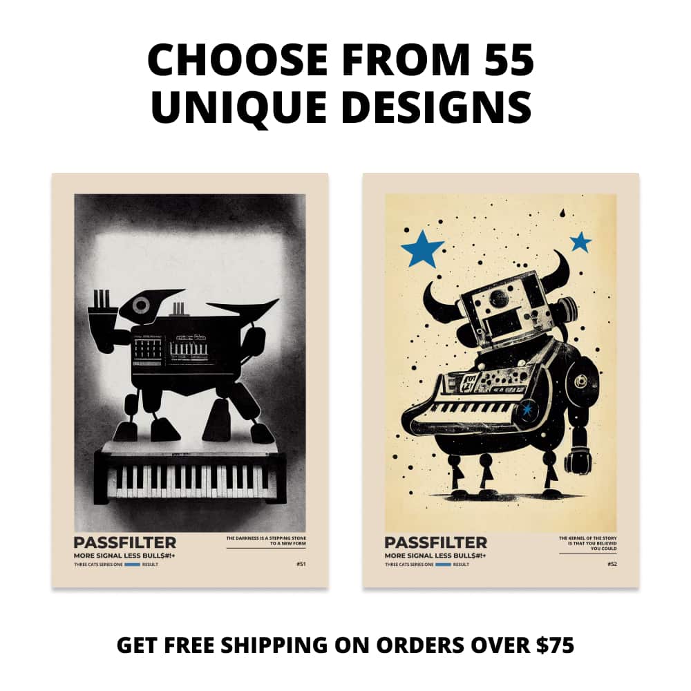 Two Passfilter posters side by side with text that says choose from 55 unique designs and free shipping on orders over $75.
