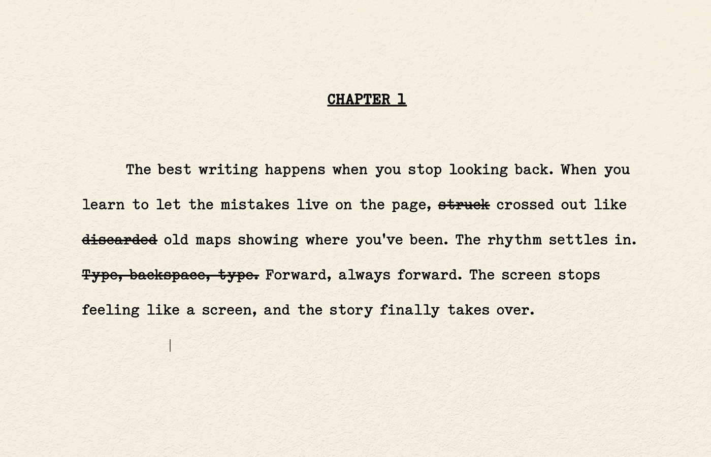 Midcent’s textured writing surface with typewritten text and crossed-out edits