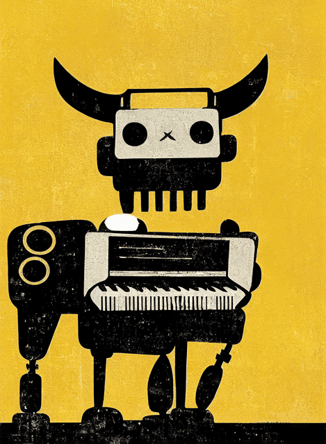 A horned robot with a piano keyboard for a body on a textured yellow background.