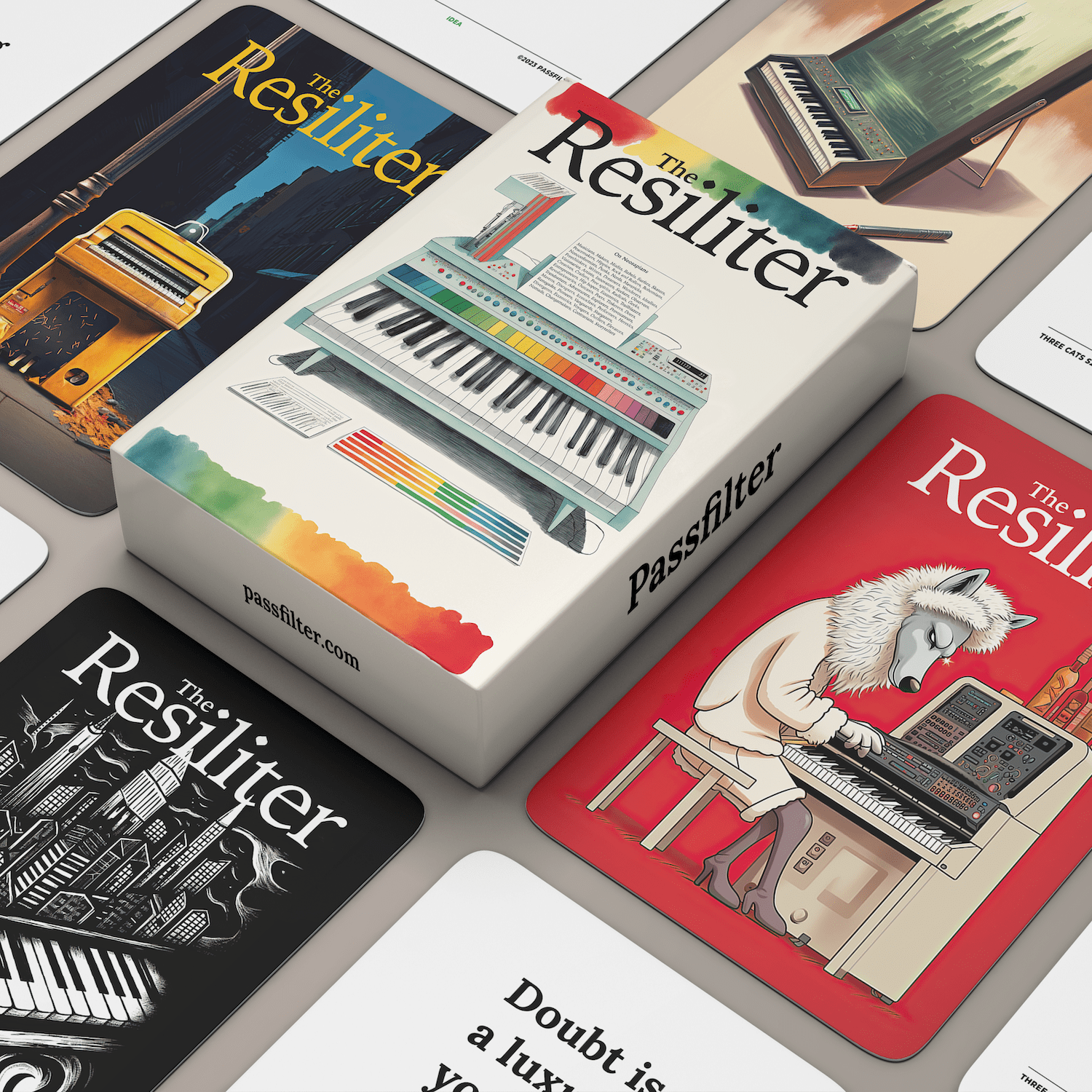 Passfilter cards with images of synthesizers on the cover of The Resiliter