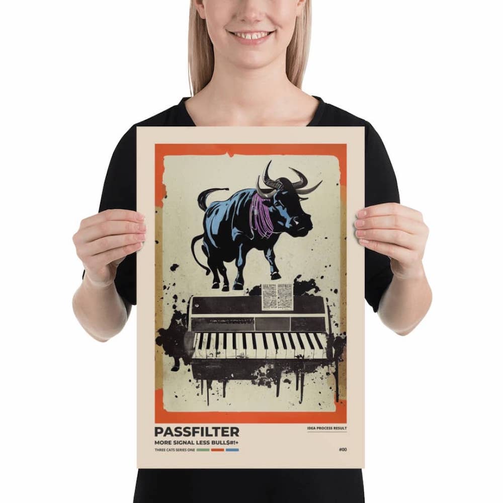 Musician holding a Passfilter poster with a picture of a robot synthesizer bull in the style of old rodeo posters.