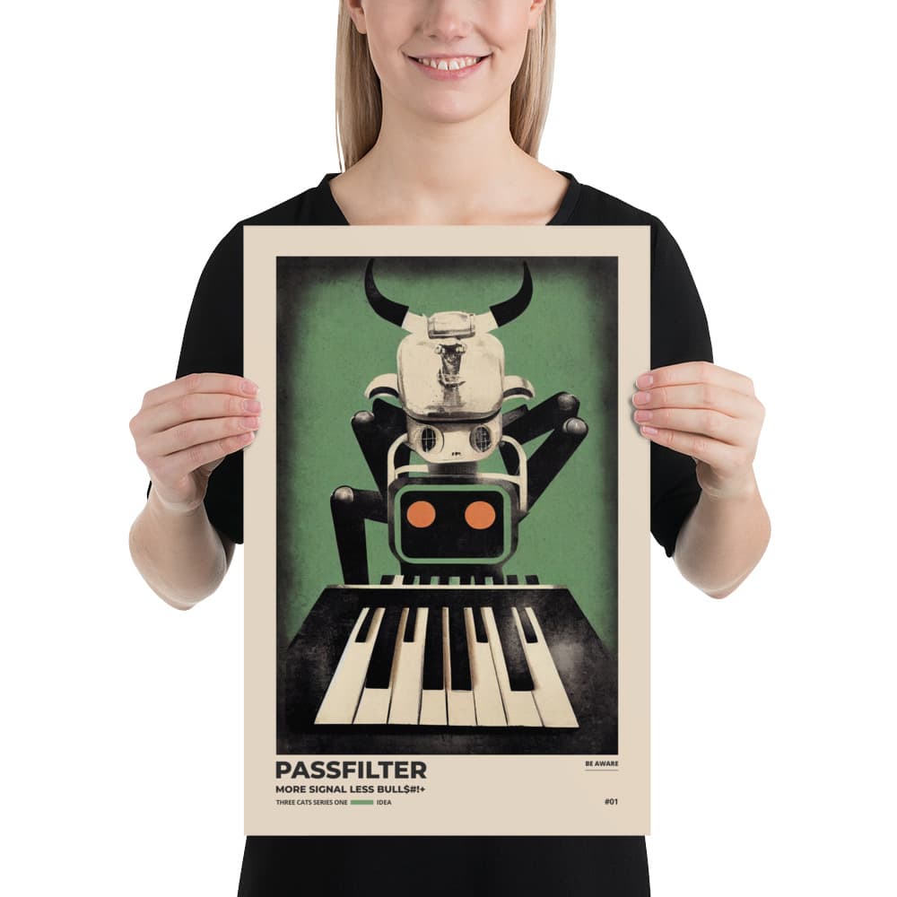 Musician holding a Passfilter poster with a picture of a robot synthesizer bull in the style of old rodeo posters.