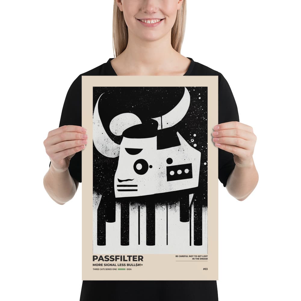Musician holding a Passfilter poster with a picture of a robot synthesizer bull in the style of old rodeo posters.