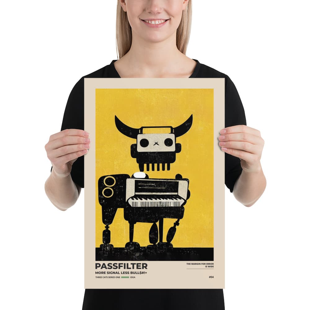 Musician holding a Passfilter poster with a picture of a robot synthesizer bull in the style of old rodeo posters.