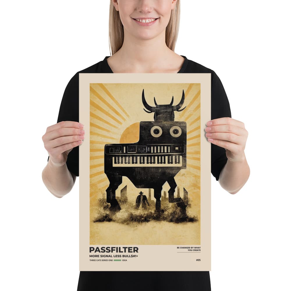 Musician holding a Passfilter poster with a picture of a robot synthesizer bull in the style of old rodeo posters.