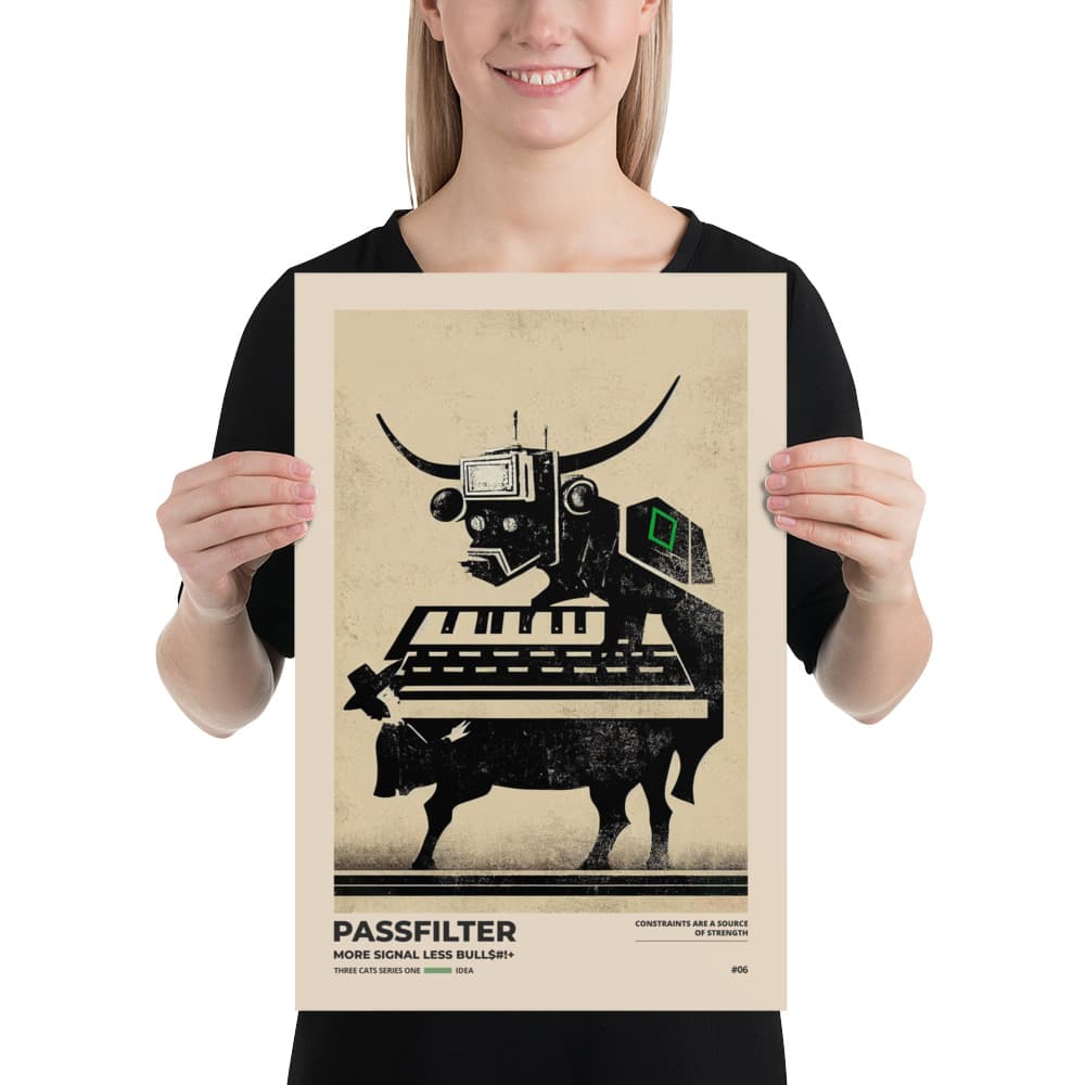 Musician holding a Passfilter poster with a picture of a robot synthesizer bull in the style of old rodeo posters.