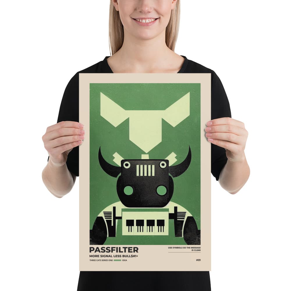 Musician holding a Passfilter poster with a picture of a robot synthesizer bull in the style of old rodeo posters.