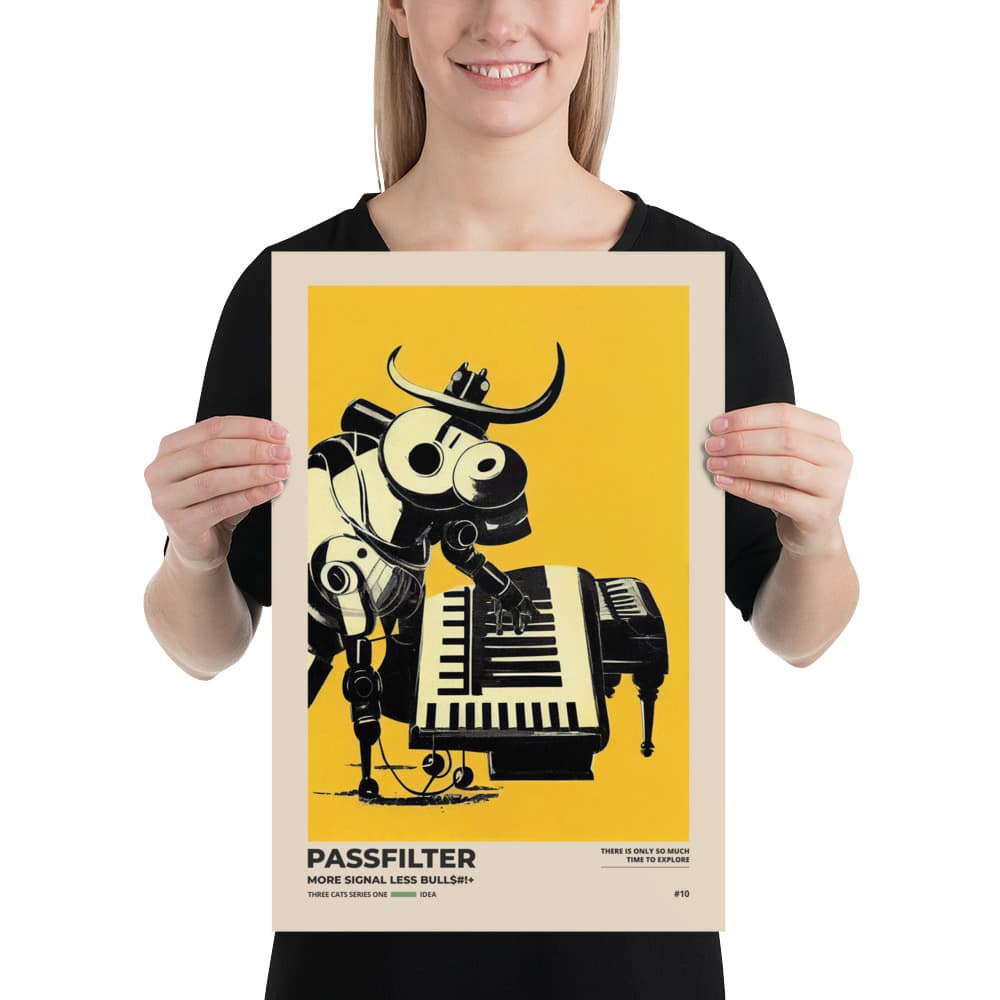 Musician holding a Passfilter poster with a picture of a robot synthesizer bull in the style of old rodeo posters.
