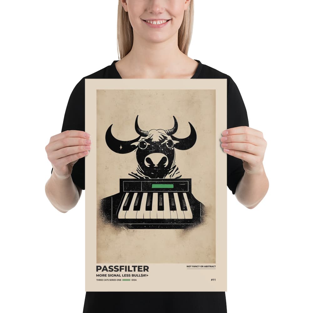 Musician holding a Passfilter poster with a picture of a robot synthesizer bull in the style of old rodeo posters.
