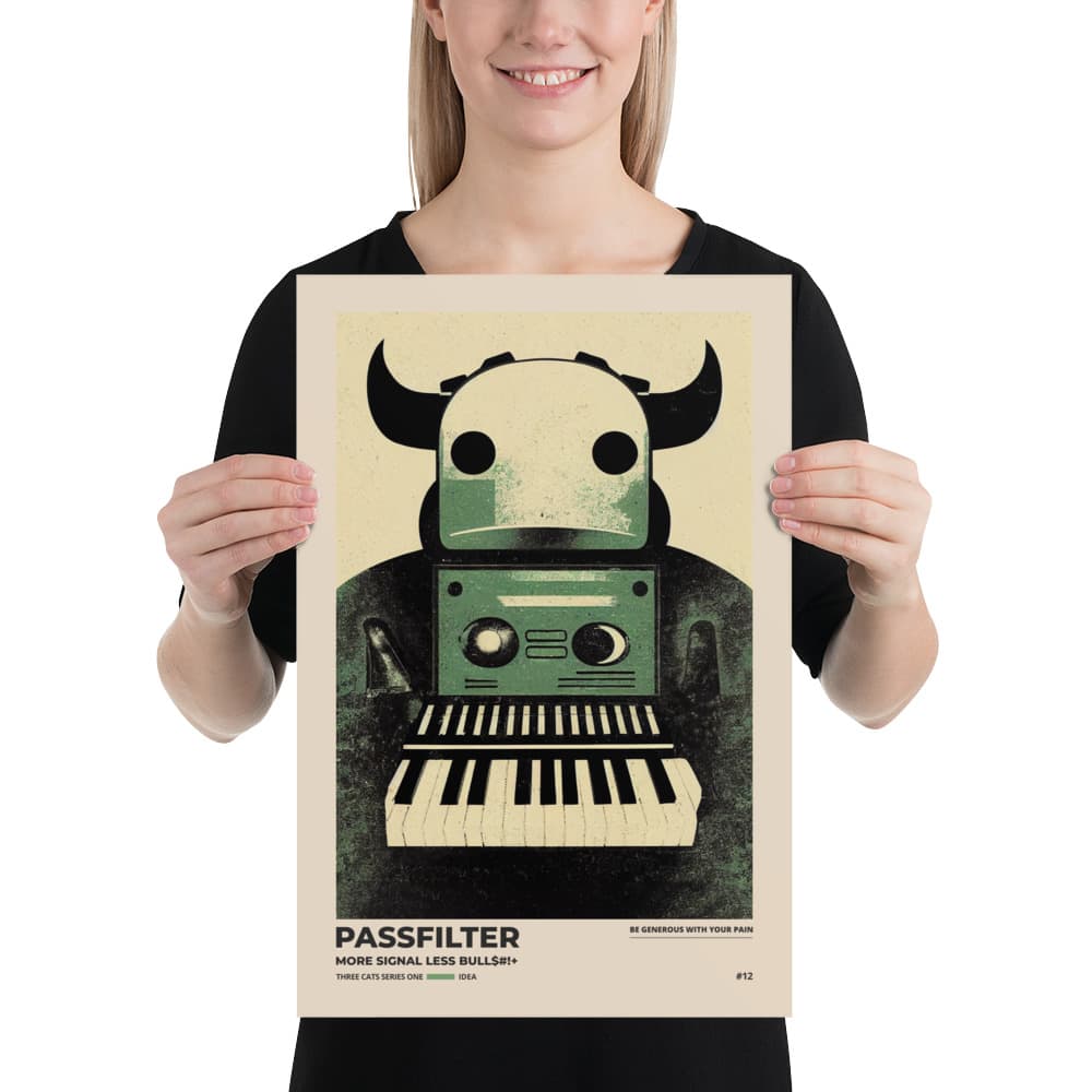 Musician holding a Passfilter poster with a picture of a robot synthesizer bull in the style of old rodeo posters.
