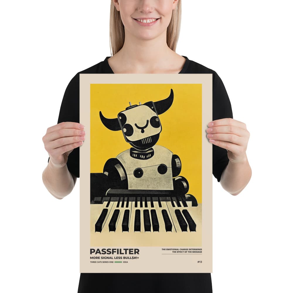 Musician holding a Passfilter poster with a picture of a robot synthesizer bull in the style of old rodeo posters.