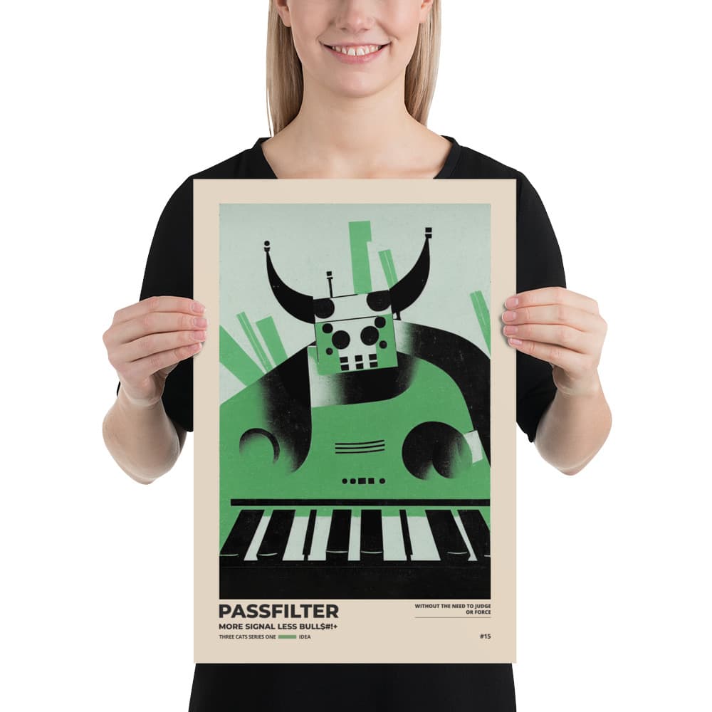 Musician holding a Passfilter poster with a picture of a robot synthesizer bull in the style of old rodeo posters.