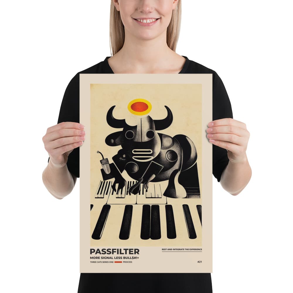 Musician holding a Passfilter poster with a picture of a robot synthesizer bull in the style of old rodeo posters.