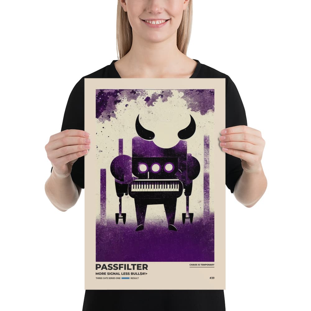 Musician holding a Passfilter poster with a picture of a robot synthesizer bull in the style of old rodeo posters.