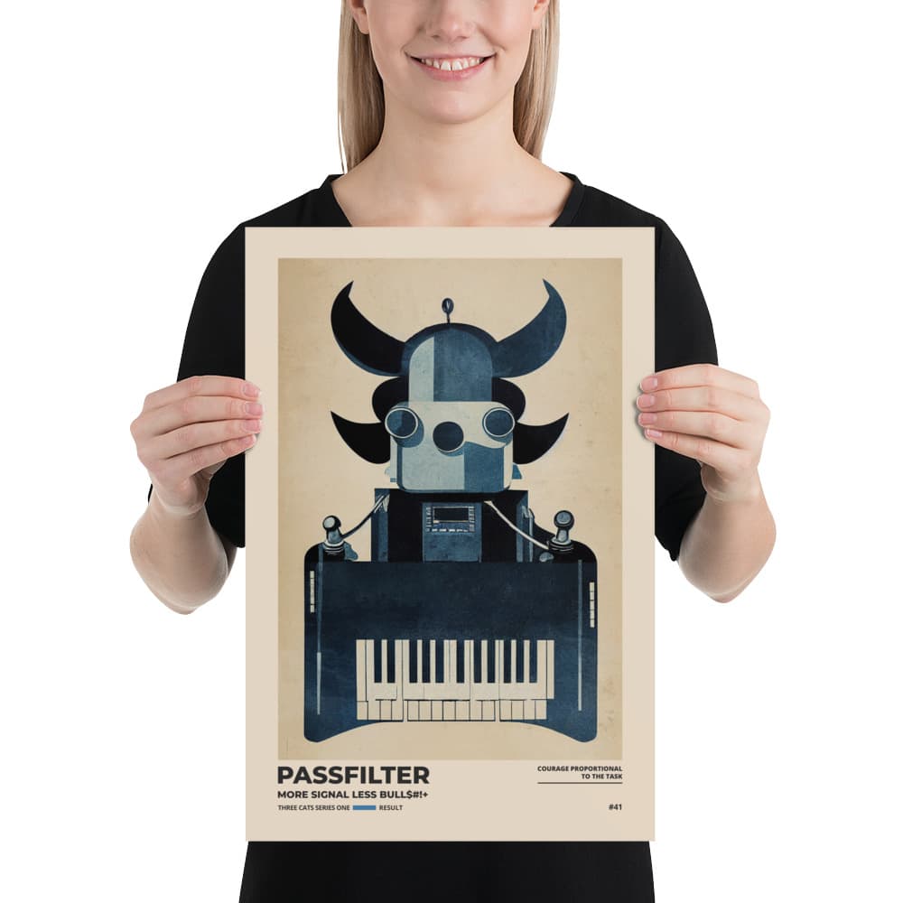 Musician holding a Passfilter poster with a picture of a robot synthesizer bull in the style of old rodeo posters.