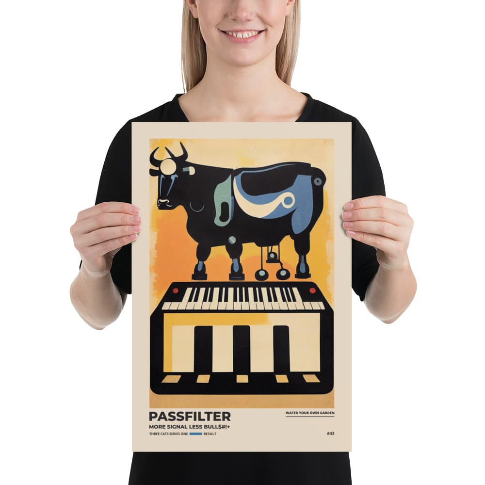 Musician holding a Passfilter poster with a picture of a robot synthesizer bull in the style of old rodeo posters.
