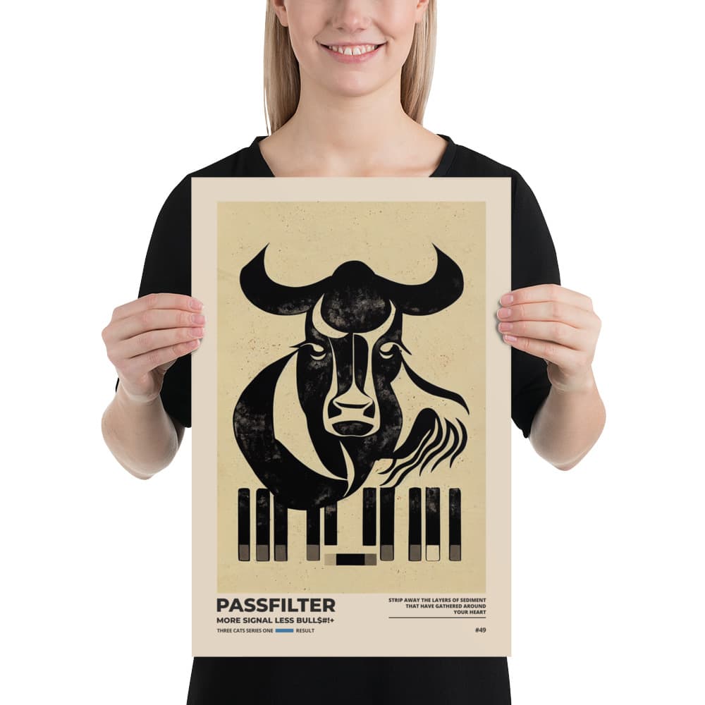 Musician holding a Passfilter poster with a picture of a robot synthesizer bull in the style of old rodeo posters.