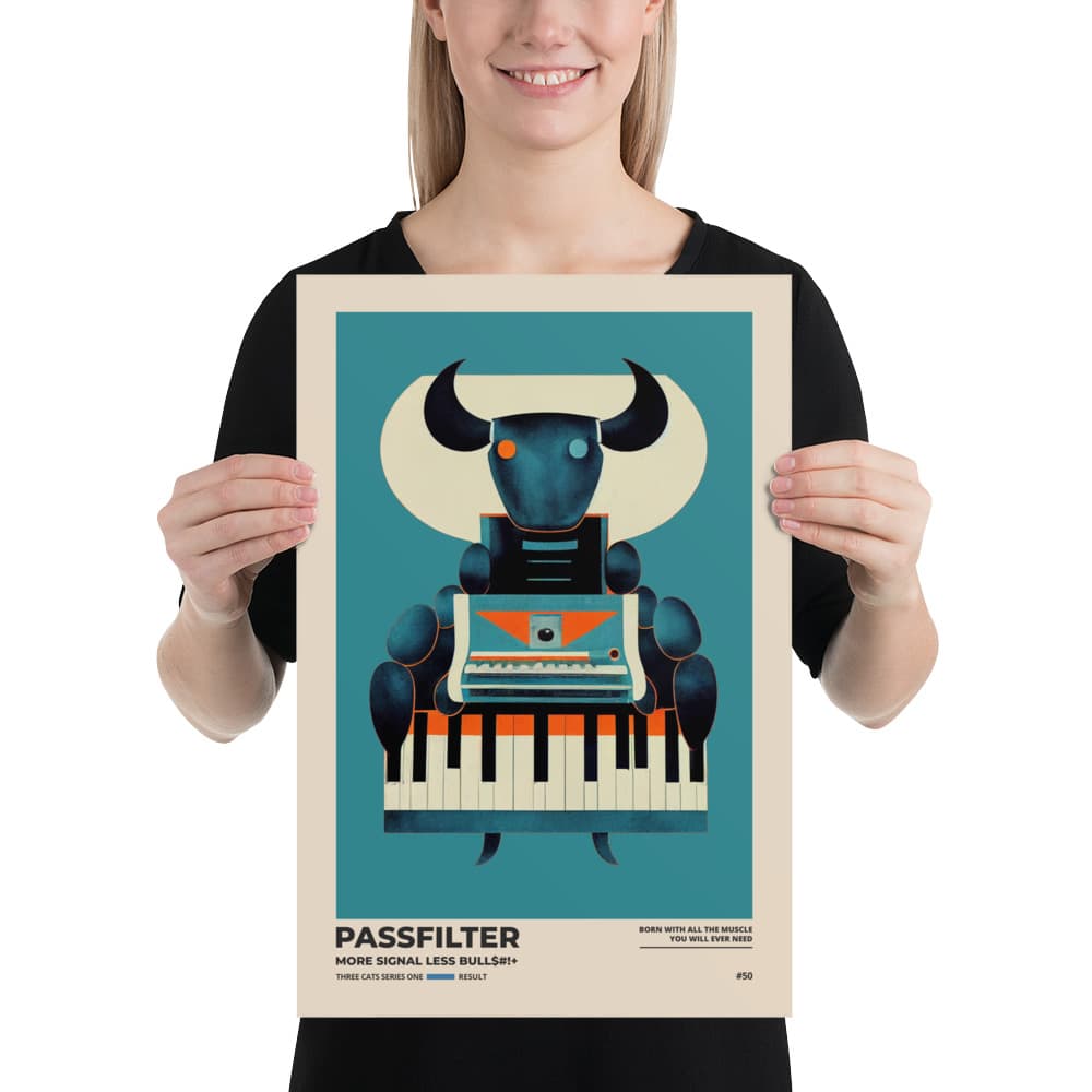 Musician holding a Passfilter poster with a picture of a robot synthesizer bull in the style of old rodeo posters.