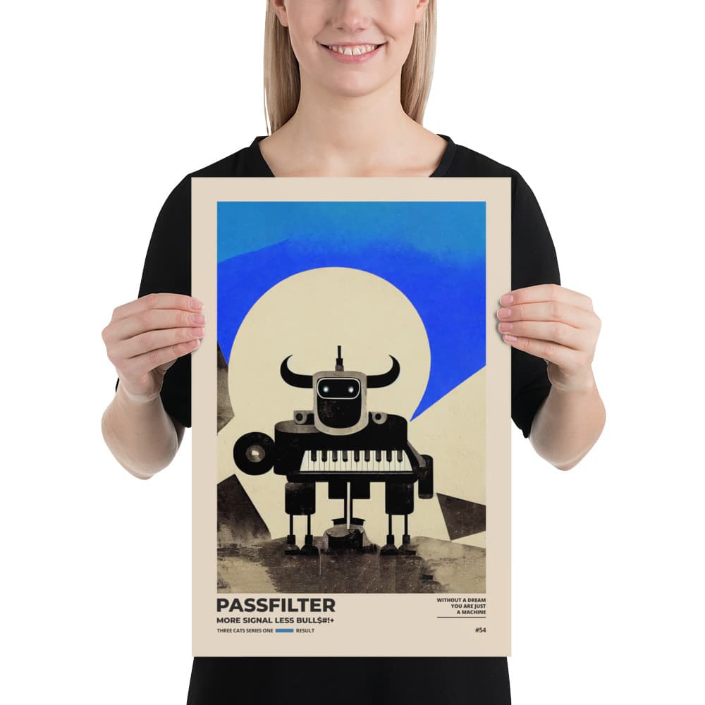 Musician holding a Passfilter poster with a picture of a robot synthesizer bull in the style of old rodeo posters.