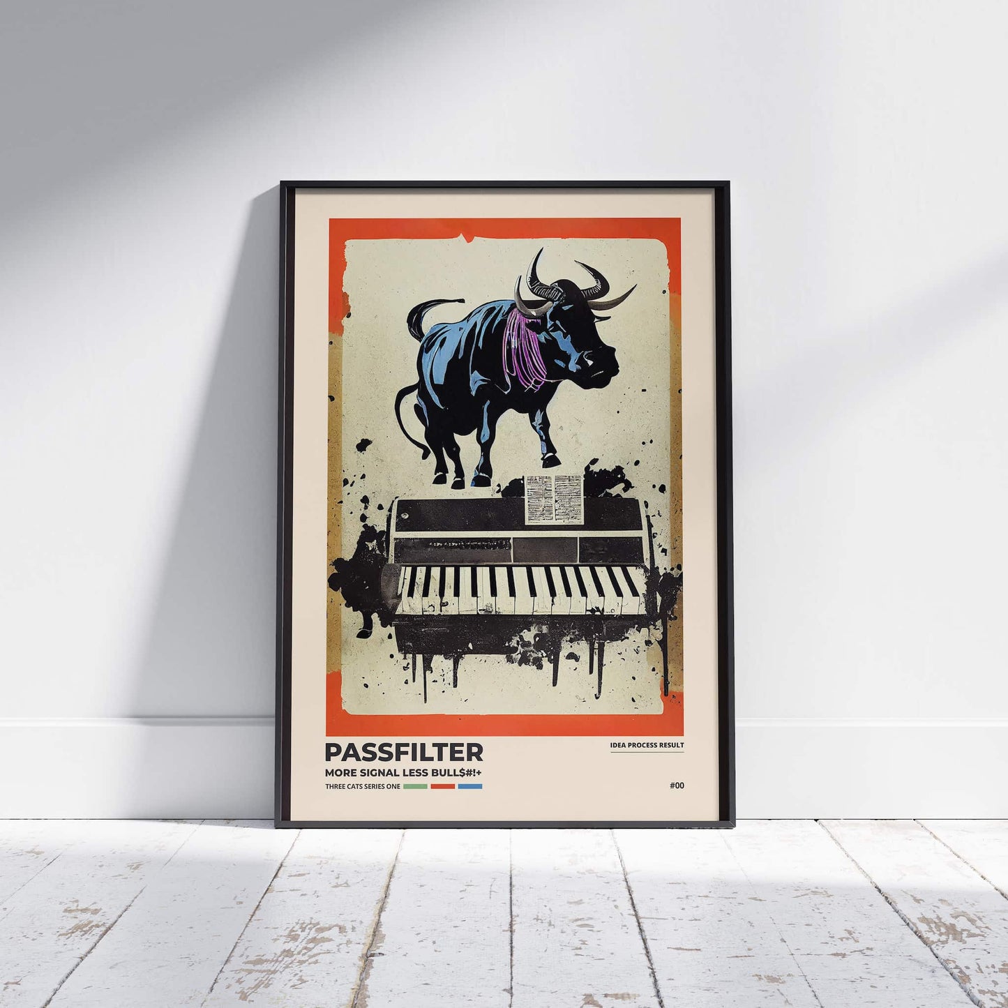 Black framed Passfilter poster sitting on a white wooden floor in a recording studio.