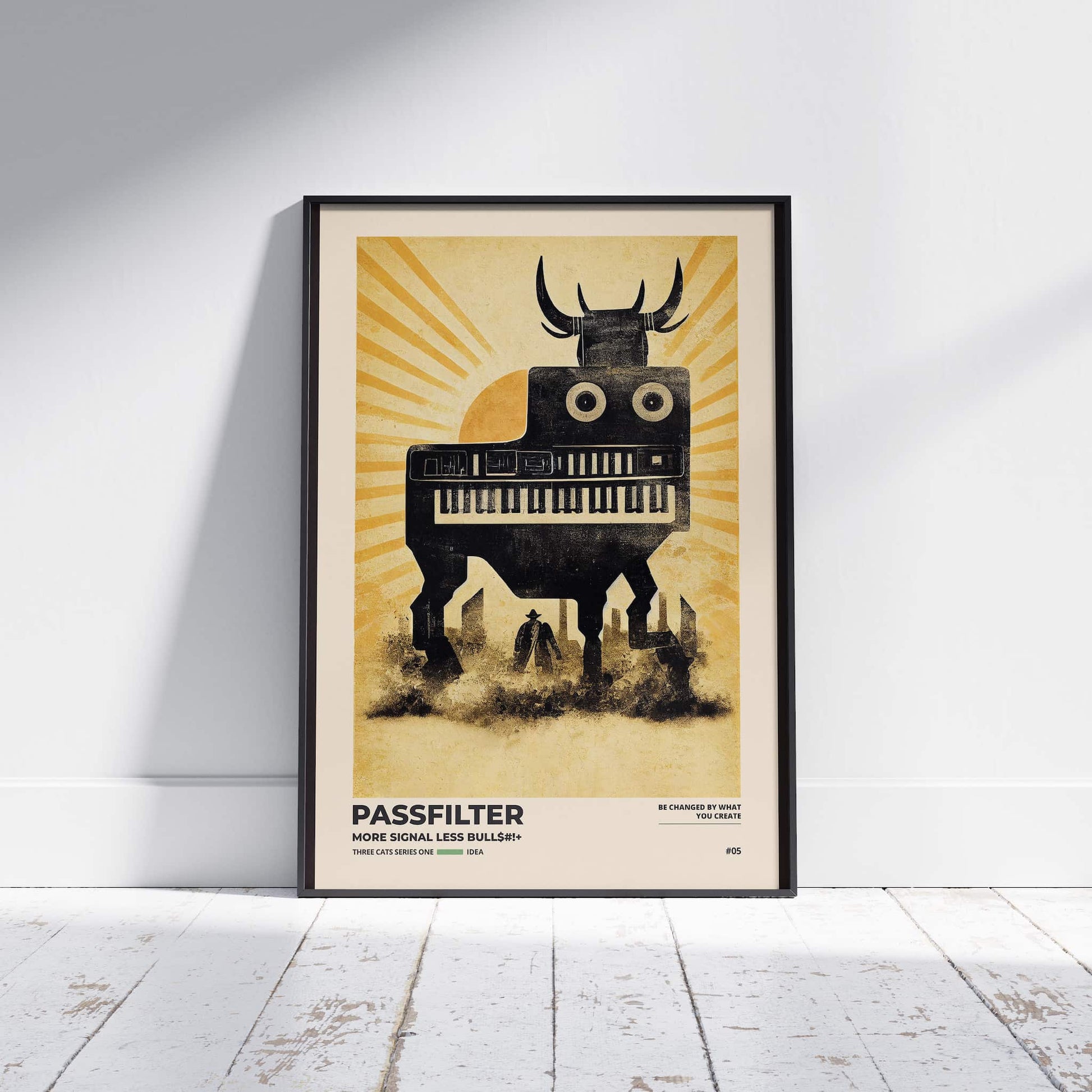 Black framed Passfilter poster sitting on a white wooden floor in a recording studio.