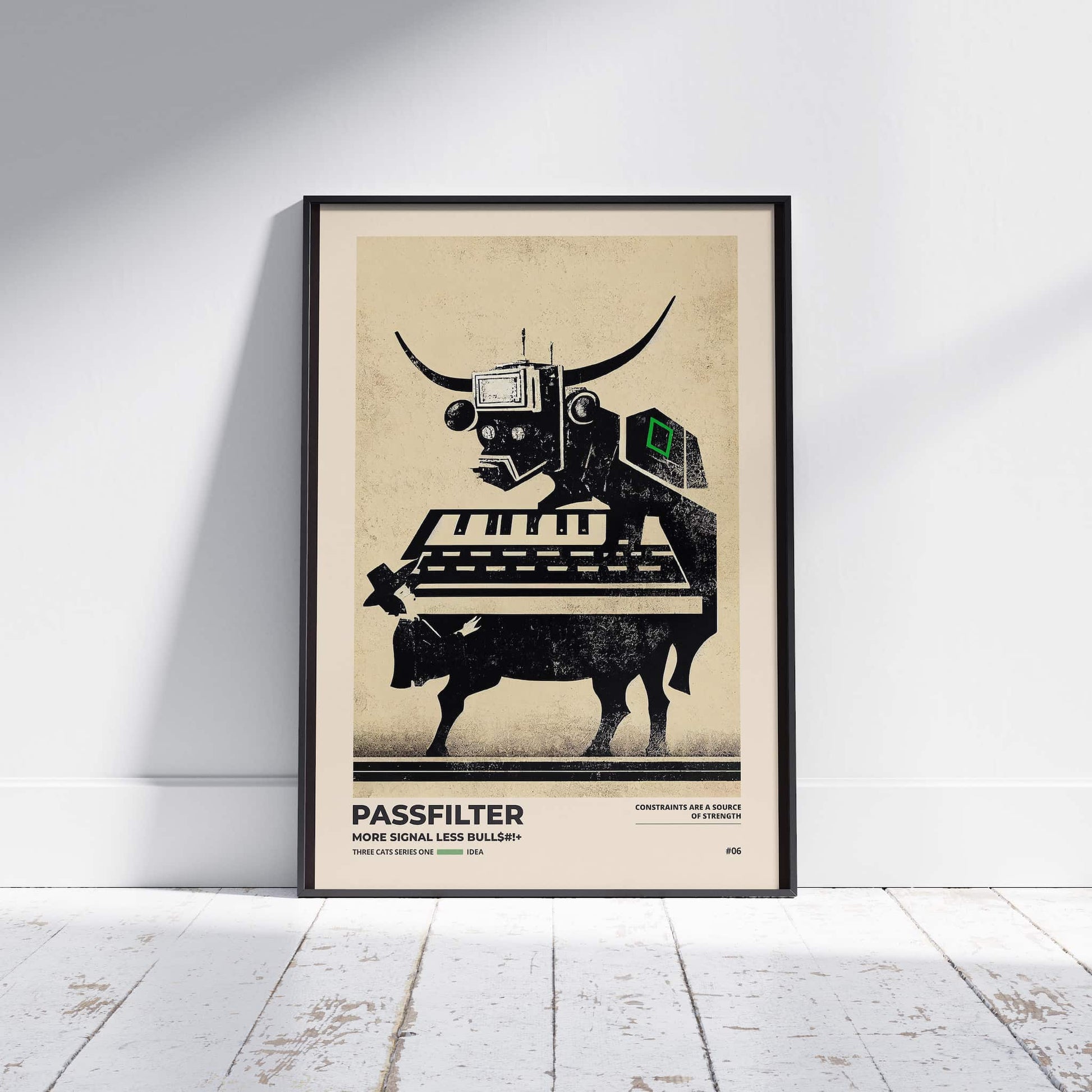 Black framed Passfilter poster sitting on a white wooden floor in a recording studio.