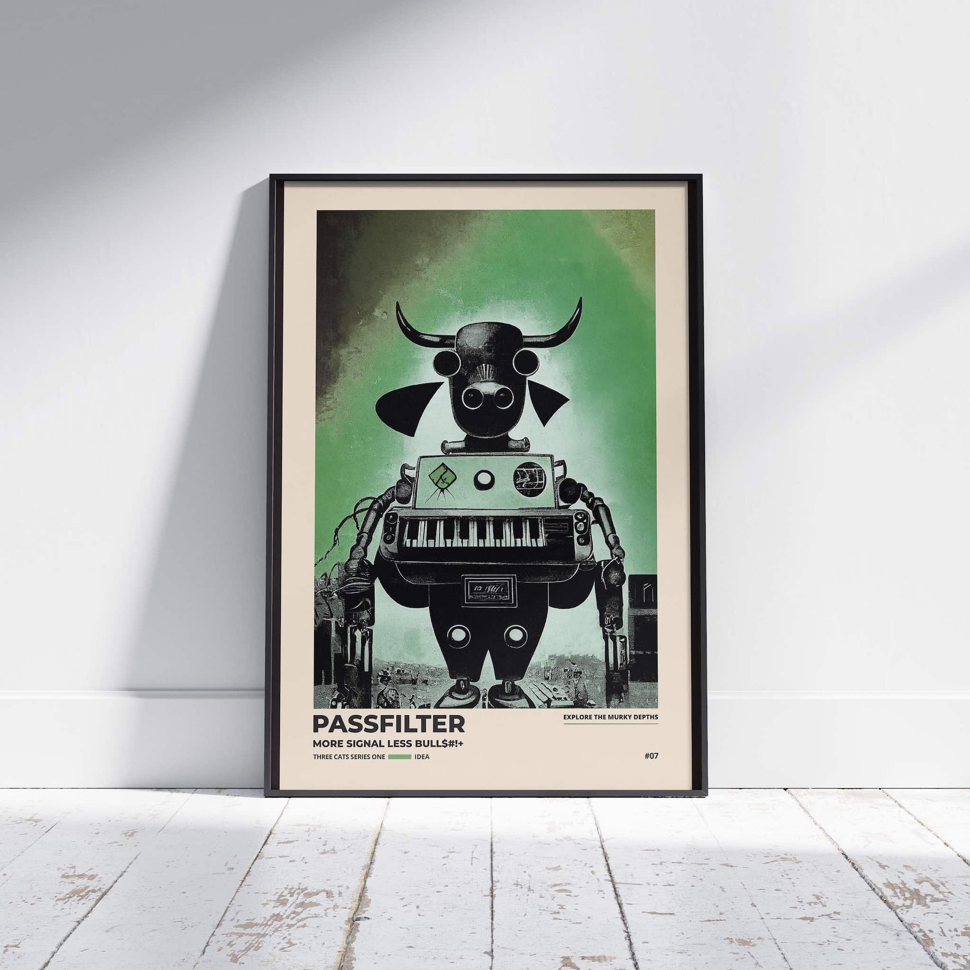 Black framed Passfilter poster sitting on a white wooden floor in a recording studio.
