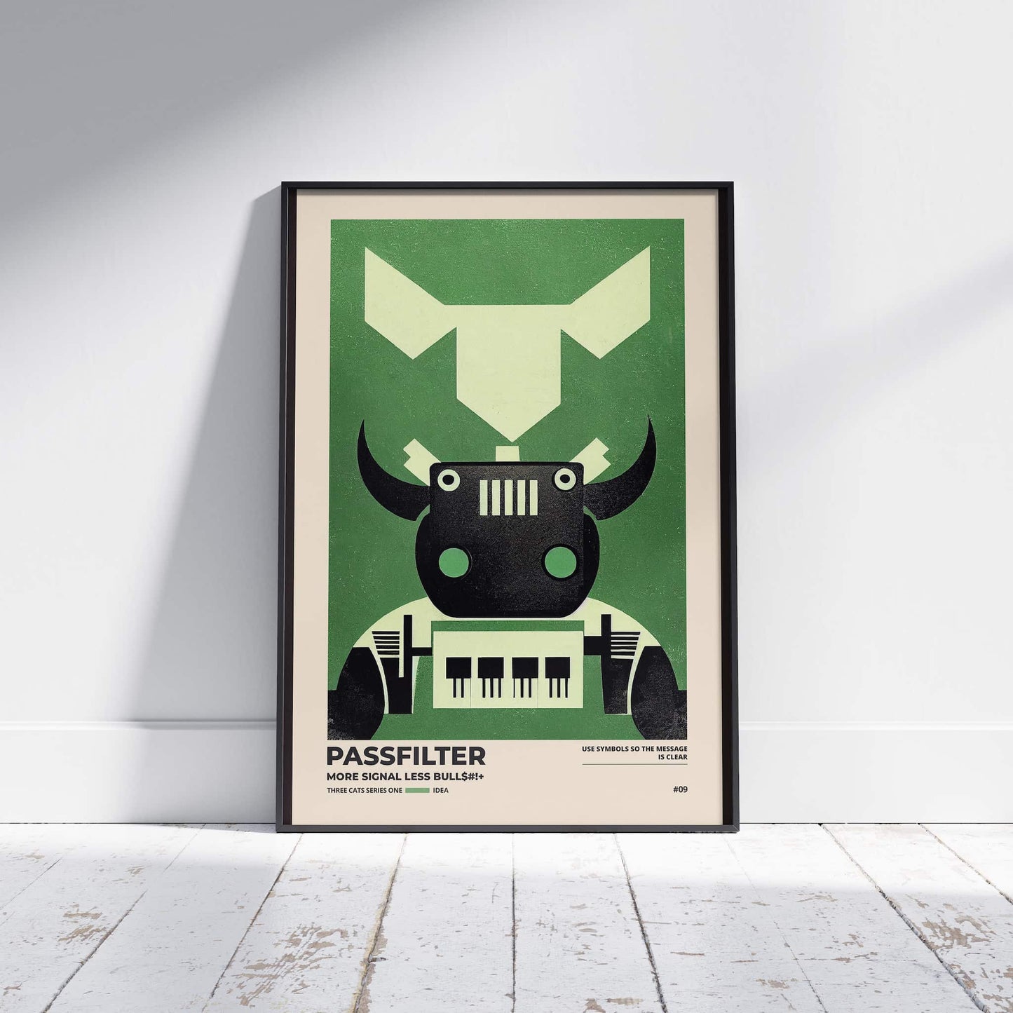 Black framed Passfilter poster sitting on a white wooden floor in a recording studio.