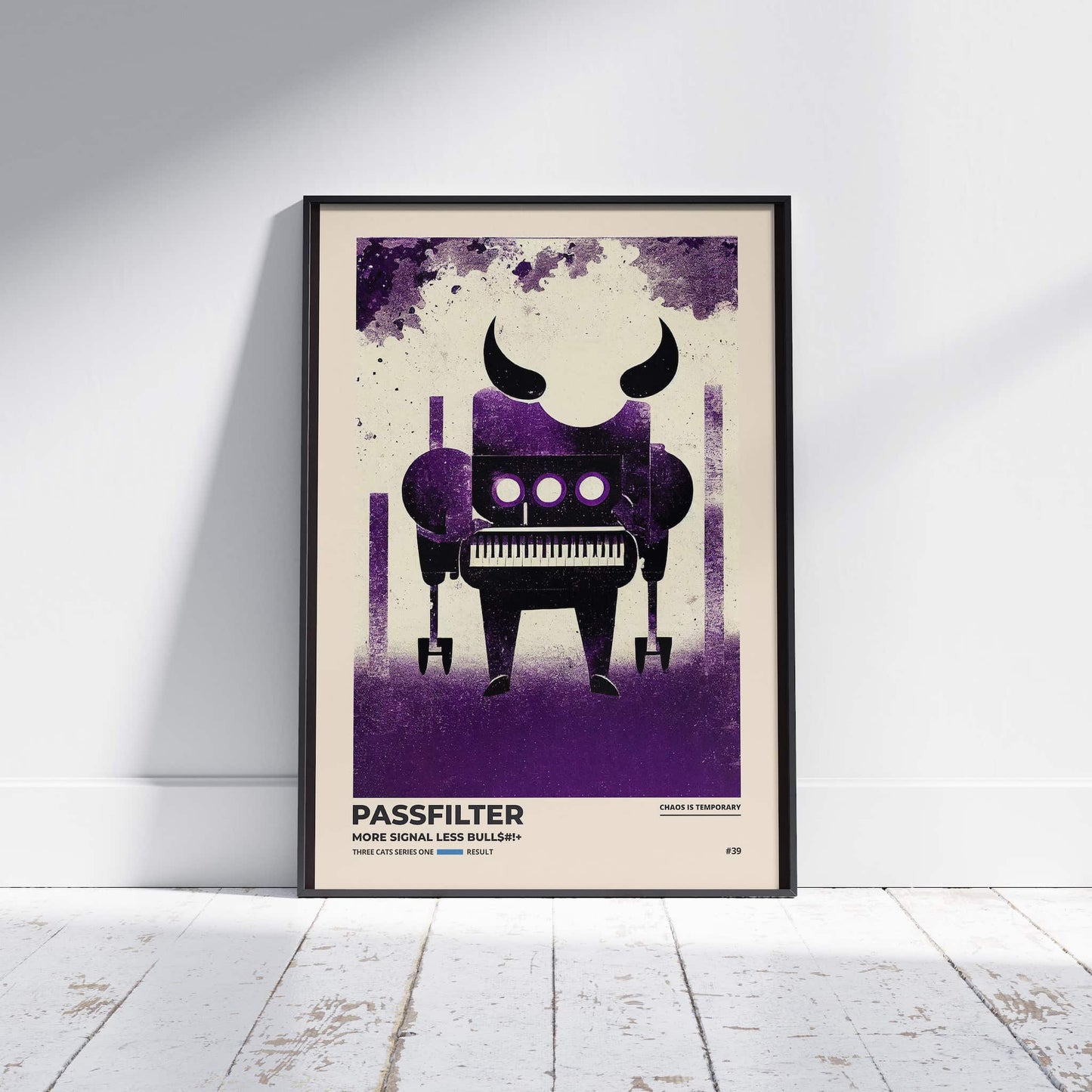 Black framed Passfilter poster sitting on a white wooden floor in a recording studio.