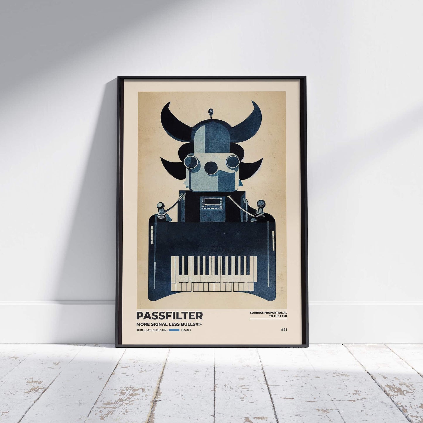Black framed Passfilter poster sitting on a white wooden floor in a recording studio.