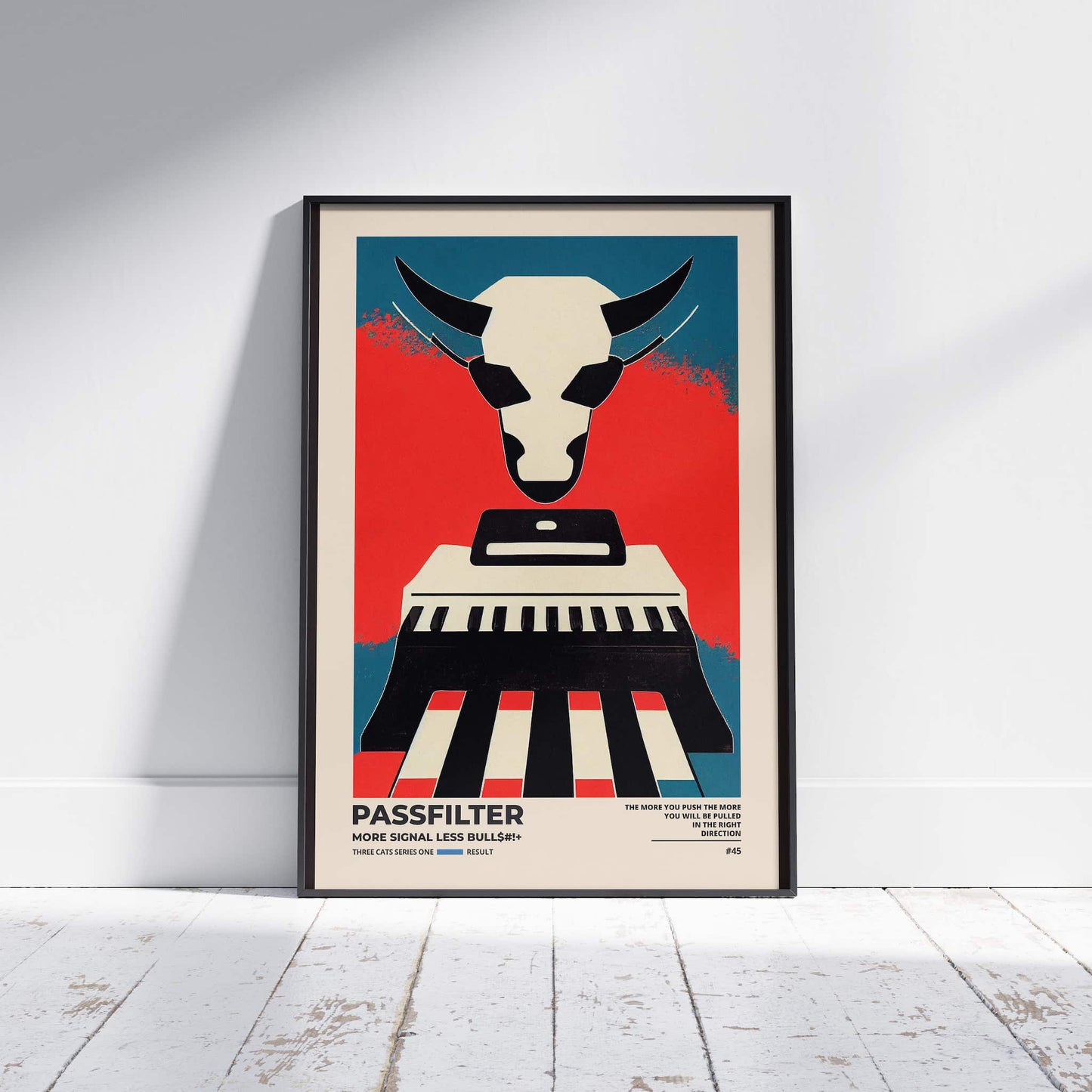 Black framed Passfilter poster sitting on a white wooden floor in a recording studio.