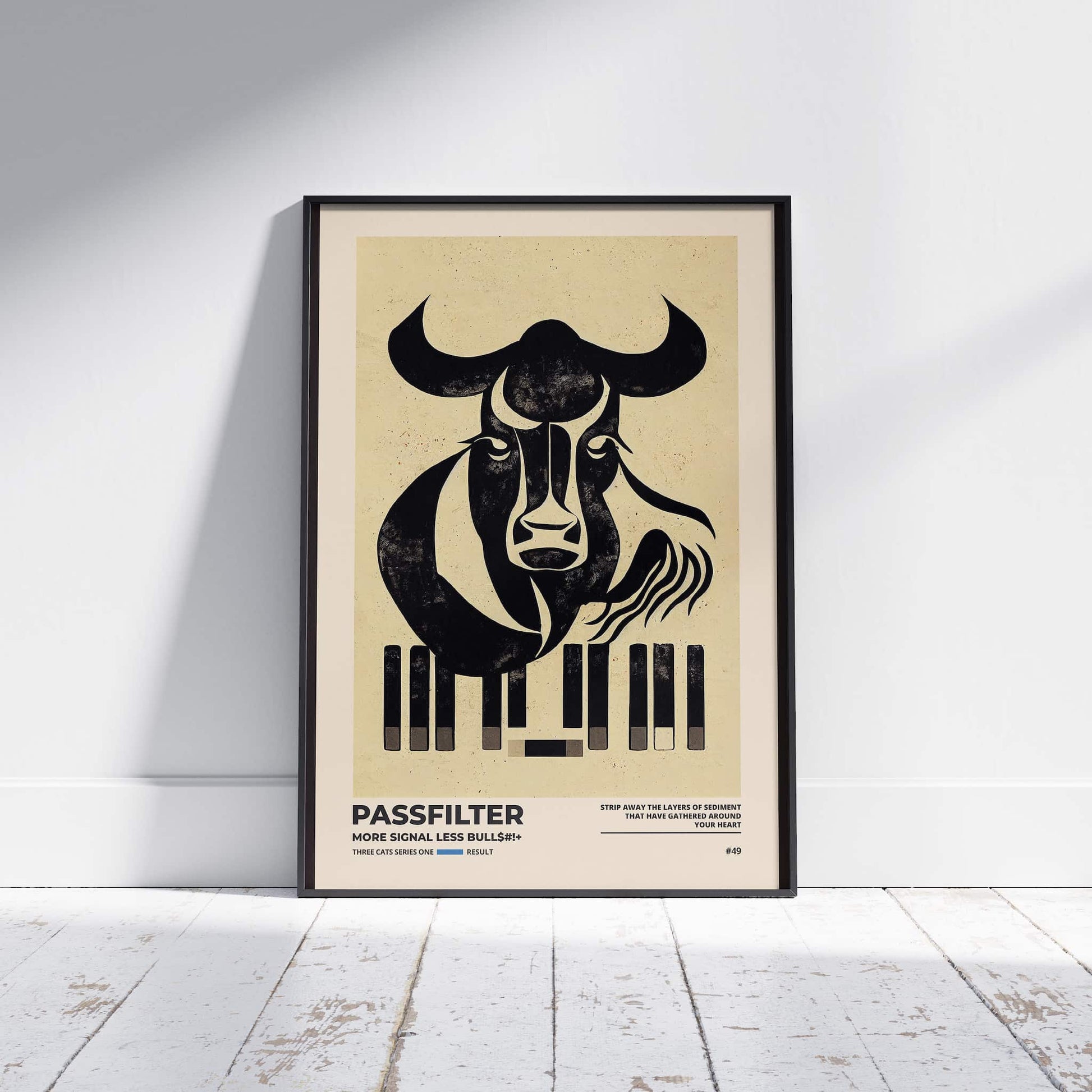 Black framed Passfilter poster sitting on a white wooden floor in a recording studio.