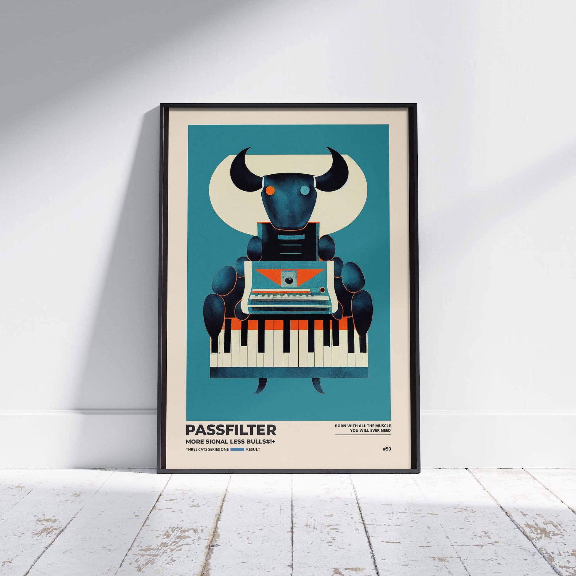 Black framed Passfilter poster sitting on a white wooden floor in a recording studio.