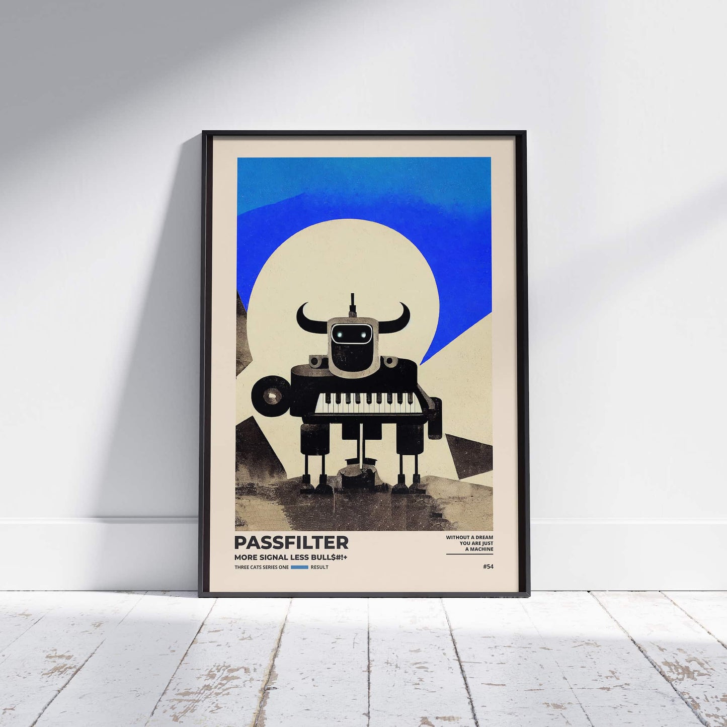 Black framed Passfilter poster sitting on a white wooden floor in a recording studio.