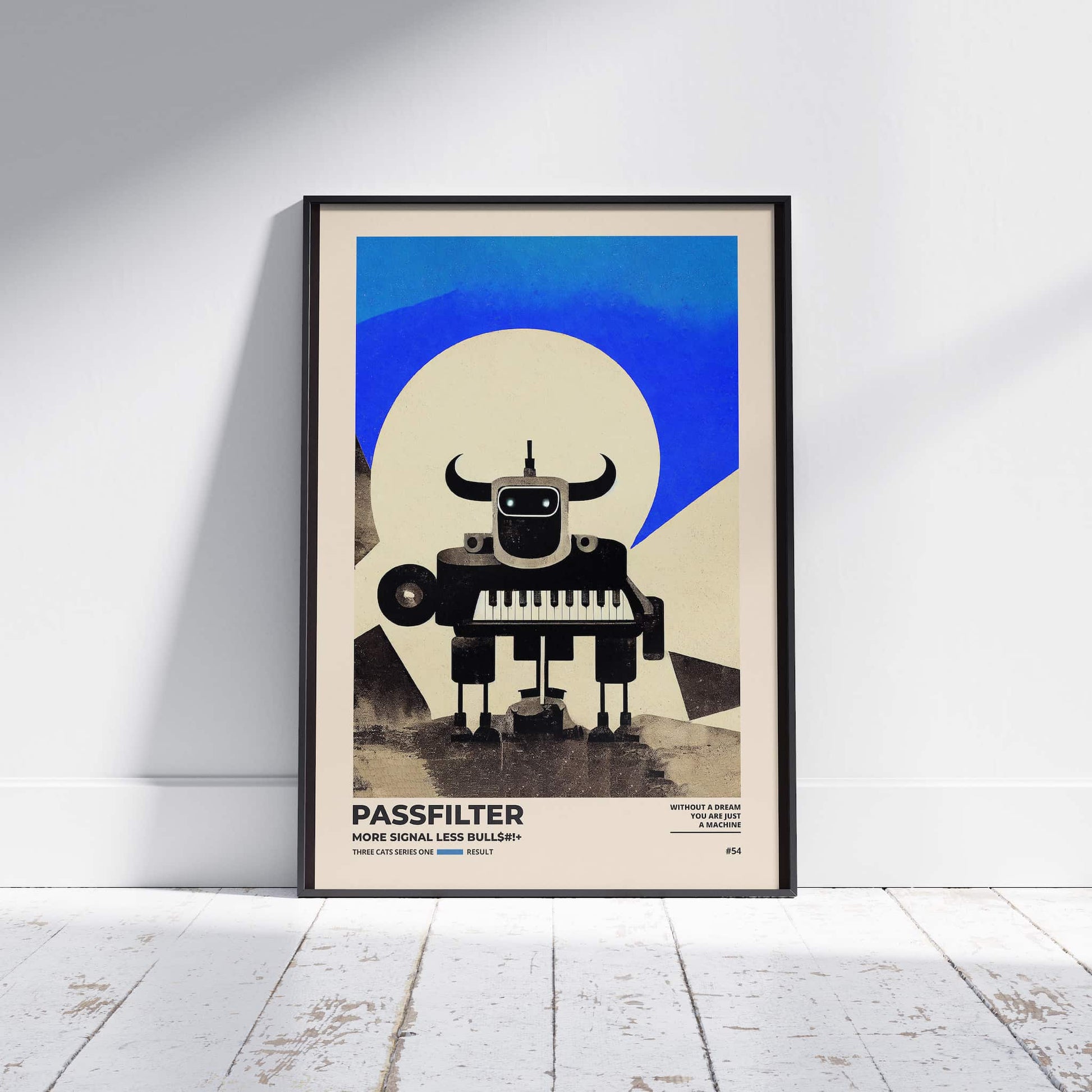 Black framed Passfilter poster sitting on a white wooden floor in a recording studio.
