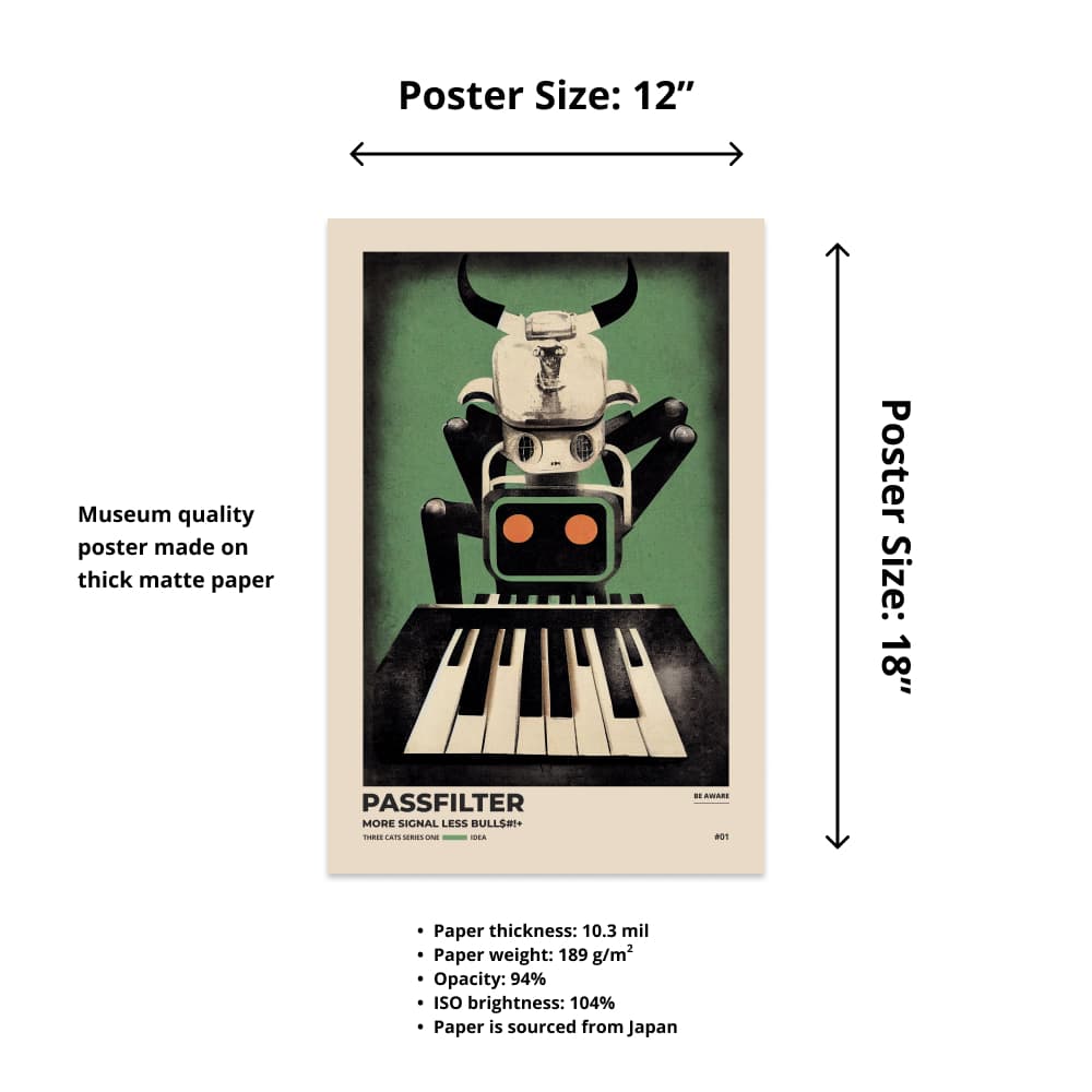 Size chart of a 12” x 18” Passfilter poster with a picture of a robot synthesizer bull and text that describes the materials.