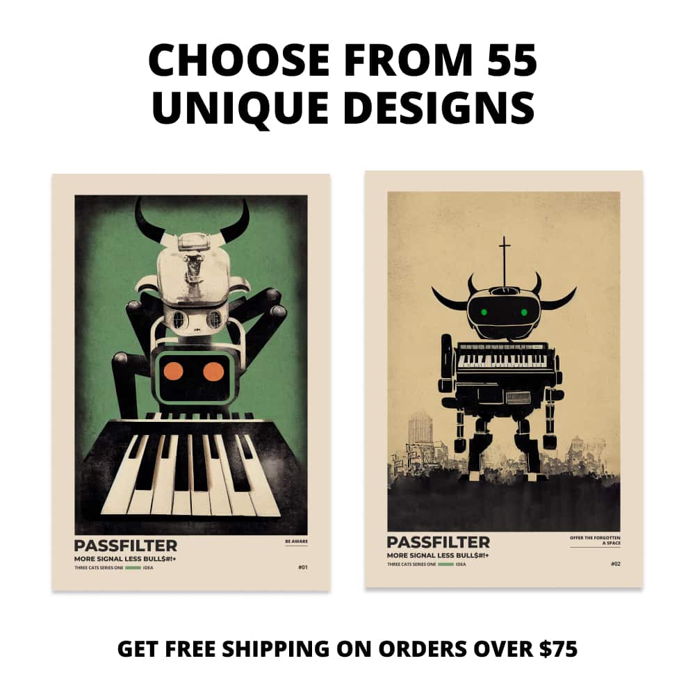 Two Passfilter posters side by side with text that says choose from 55 unique designs and free shipping on orders over $75.