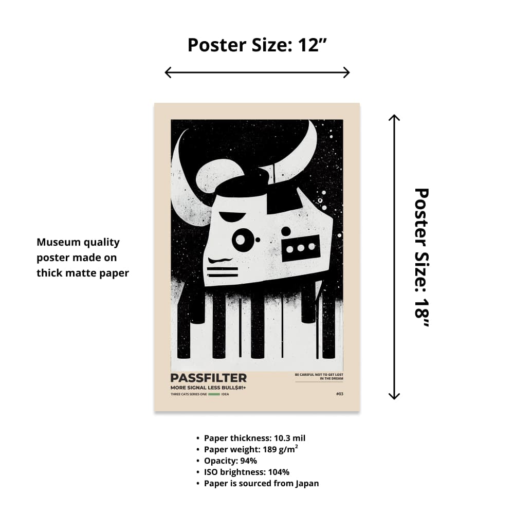 Size chart of a 12” x 18” Passfilter poster with a picture of a robot synthesizer bull and text that describes the materials.