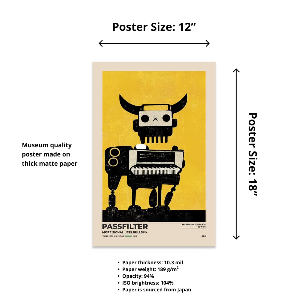 Size chart of a 12” x 18” Passfilter poster with a picture of a robot synthesizer bull and text that describes the materials.