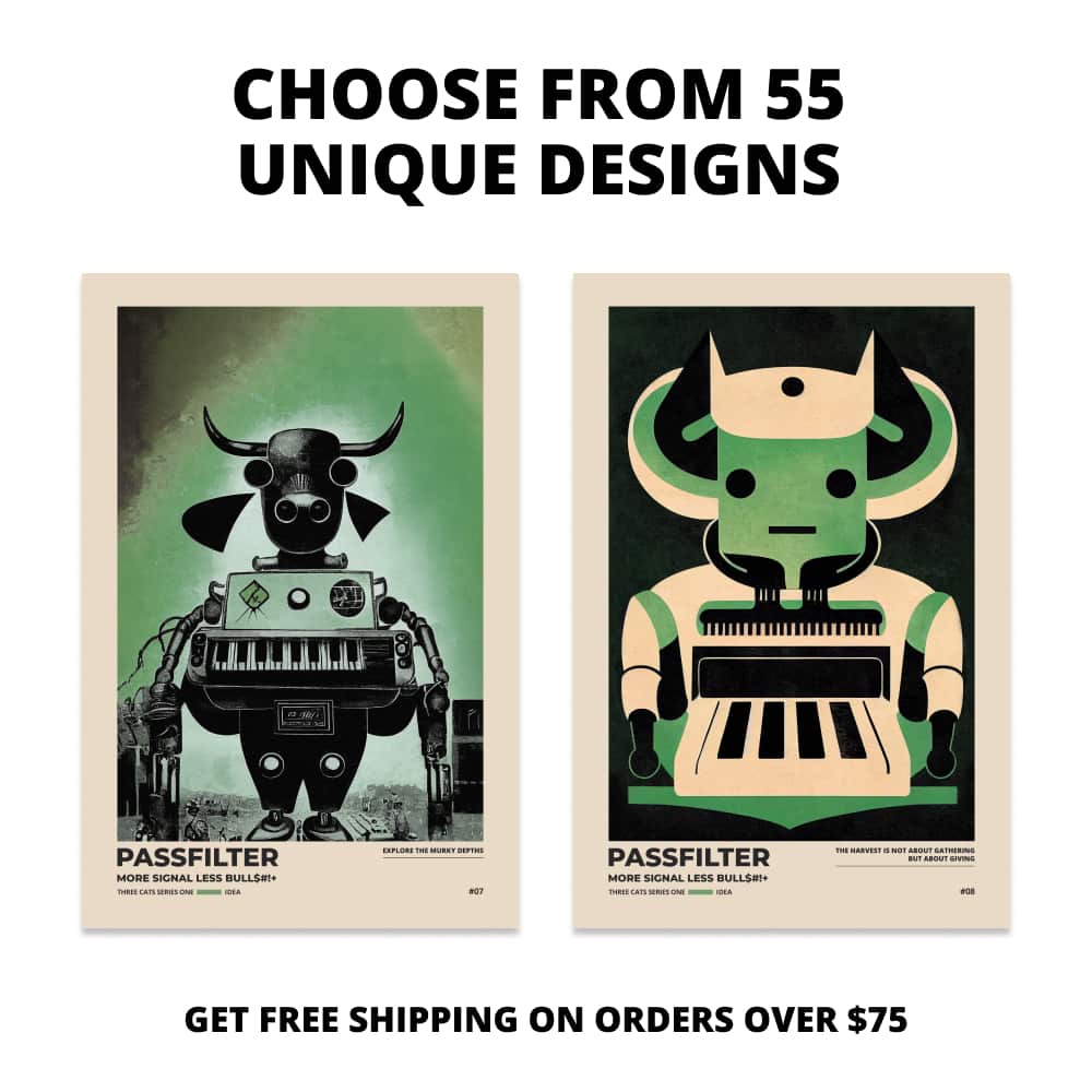 Two Passfilter posters side by side with text that says choose from 55 unique designs and free shipping on orders over $75.